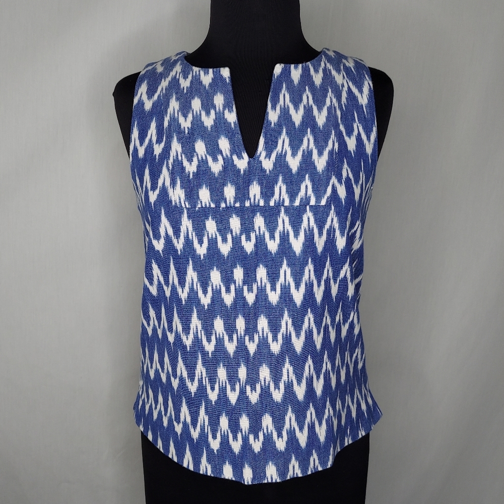 J. Crew Top Sleeveless Split Neck Chevron Cotton Lined Zip Back Woven Blouse 0